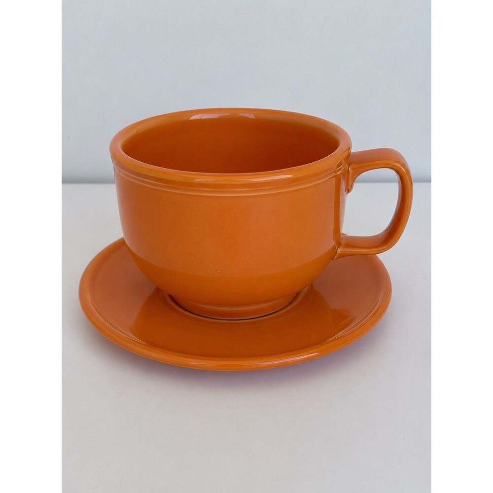 Fiesta Tangerine Jumbo Cup & Saucer Set Homer Laughlin Post 86 Retired USA